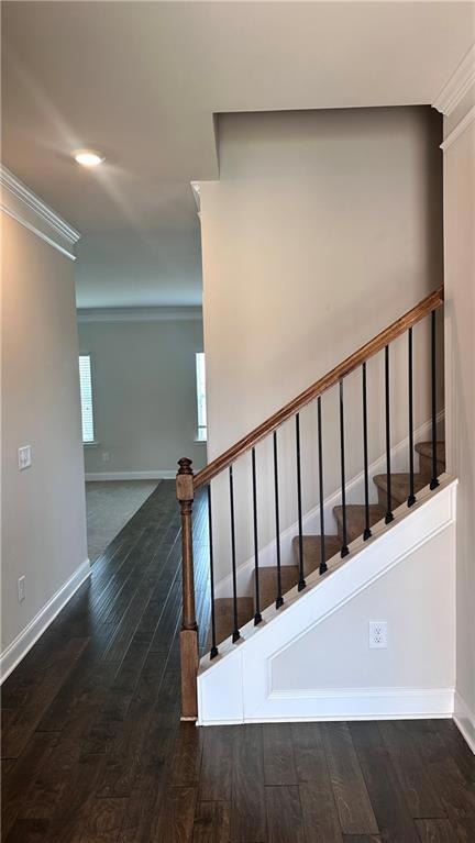 Stairway with wood finished floors, ornamental molding, and baseboards