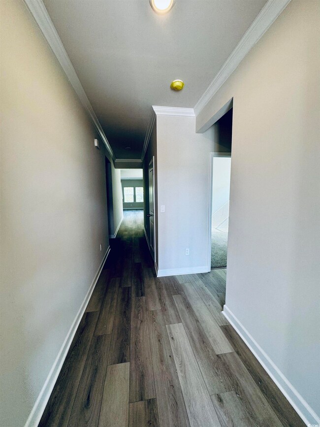 Corridor with crown molding, baseboards, and wood finished floors