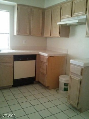 Kitchen with under cabinet range hood, white dishw