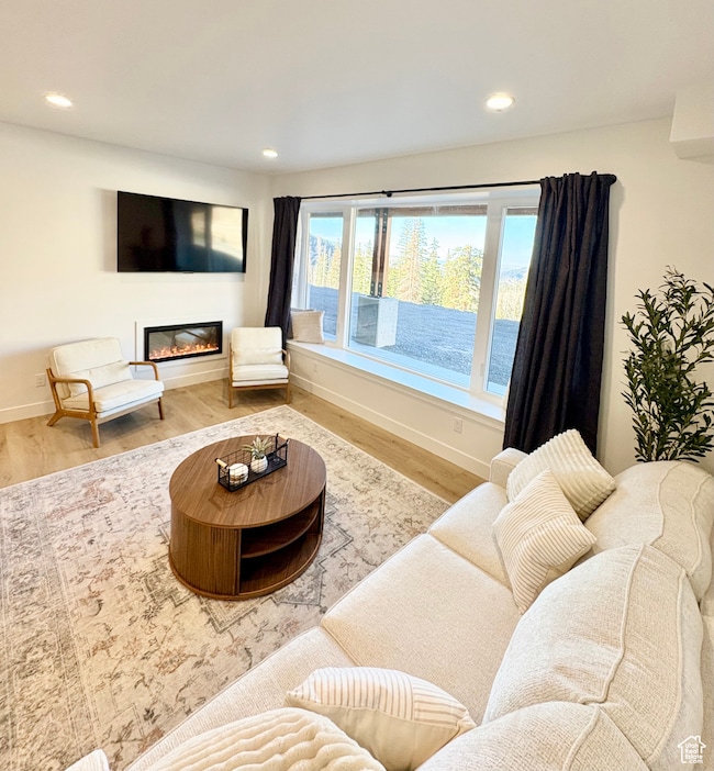 Living area featuring a glass covered fireplace, wood finished floors, and recessed lighting