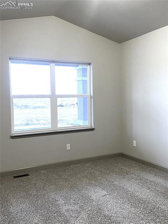 Carpeted spare room with vaulted ceiling