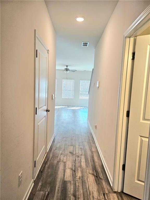 Hallway featuring dark wood-style floors, visible 