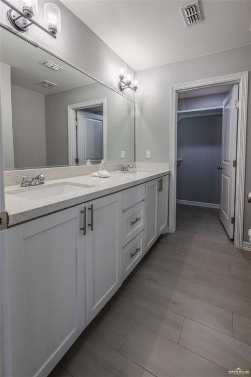 Bathroom with wood-type flooring and double vanity