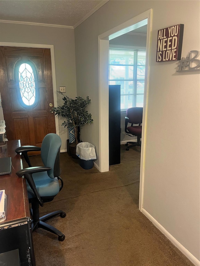 Office with ornamental molding, carpet, baseboards