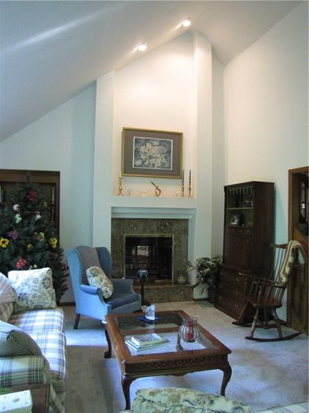 Living Room with Log Burning Fireplace and Vaulted