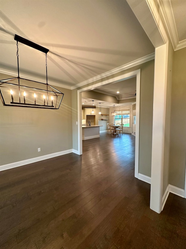 Unfurnished living room with crown molding, a chandelier, baseboards, and dark wood-type flooring