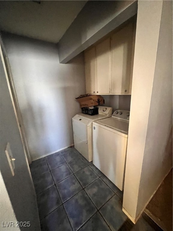 Clothes washing area with dark tile patterned floo