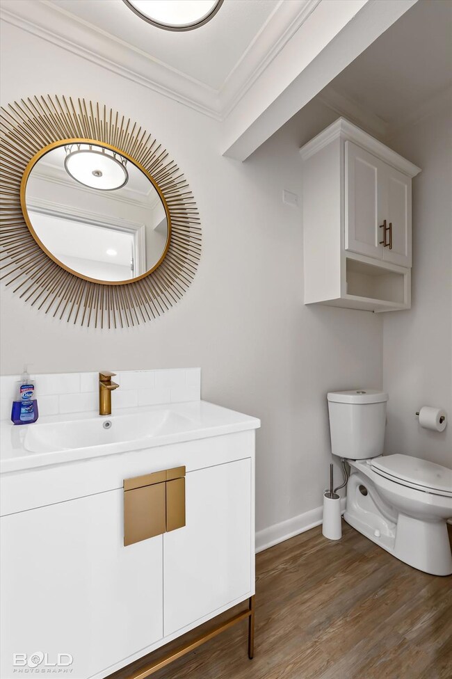 Bathroom with vanity, toilet, wood-type flooring, 