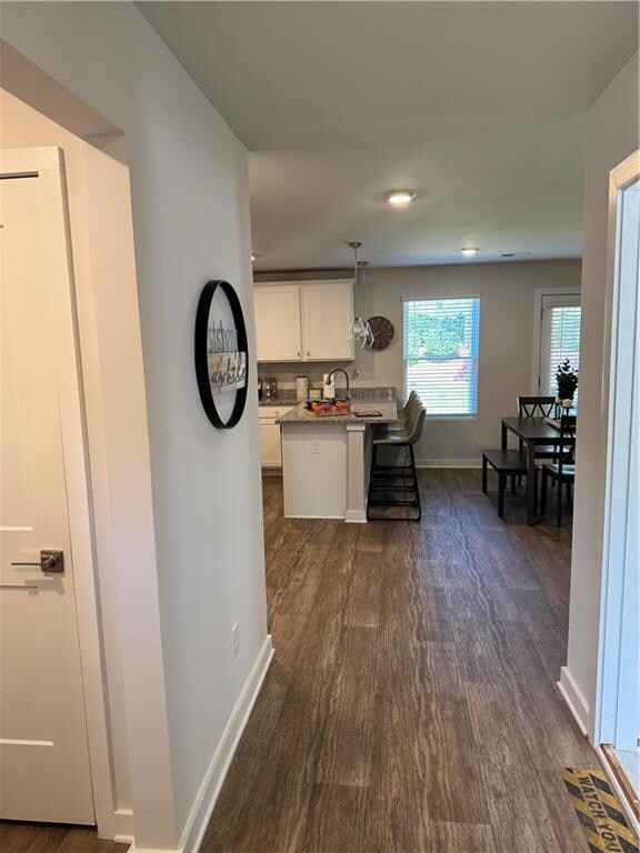 Kitchen with baseboards, dark wood-style flooring,