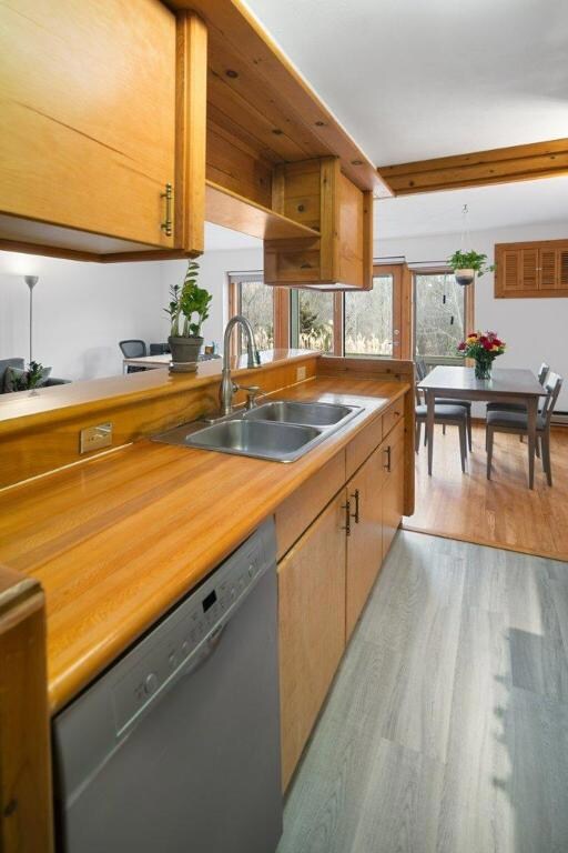 Overhead cabinets for additional storage.