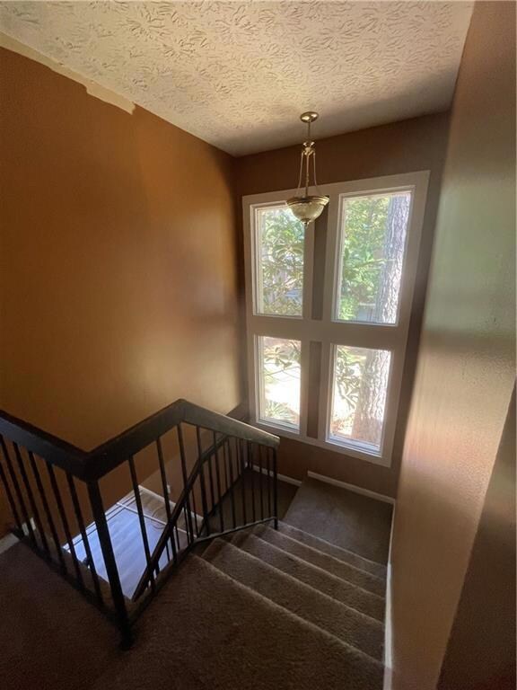 Stairway featuring a textured ceiling and carpet f
