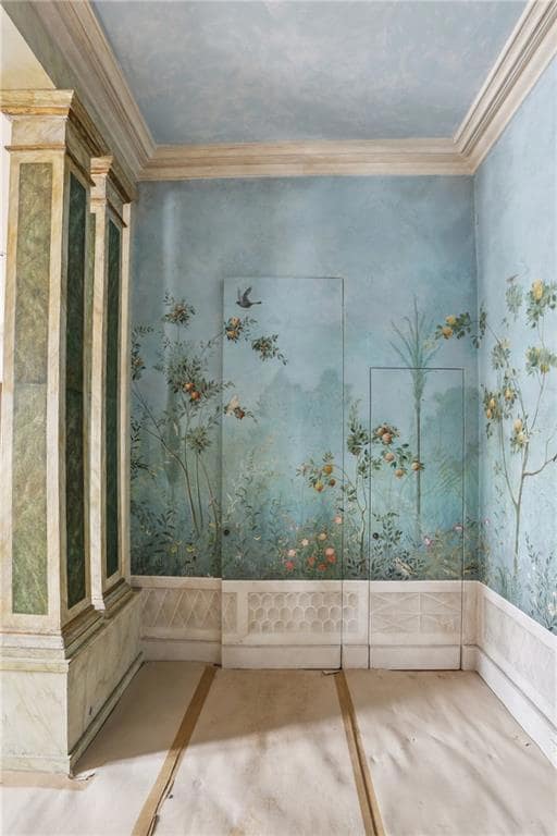 Trompe-l'oeil columns and 16- inch baseboards