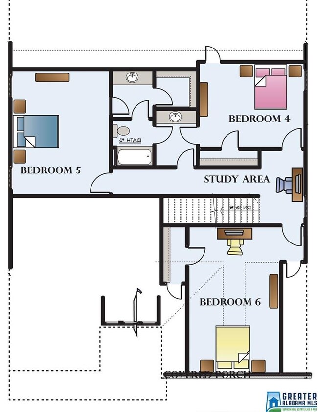 3 large bedrooms up with study area(s), full Jack 