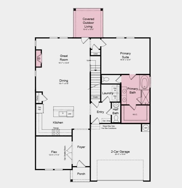 First Floor Plan - Additional highlights include: fireplace in the great room, a soaking tub with a separate shower in the primary bathroom, and a covered back patio