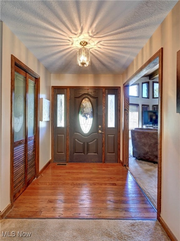 Carpeted entrance foyer featuring hardwood / wood-style flooring and a textured ceiling