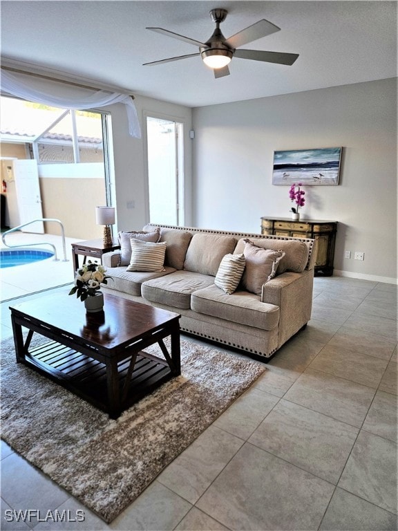 Tiled living room with ceiling fan