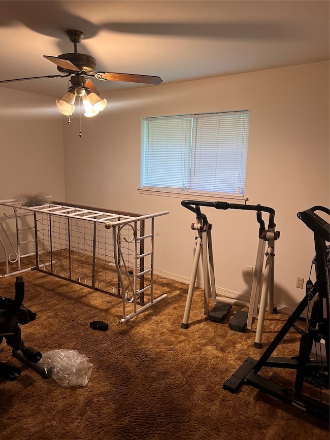 Workout area featuring carpet and a ceiling fan