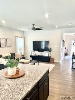 Kitchen with open floor plan, a ceiling fan, light
