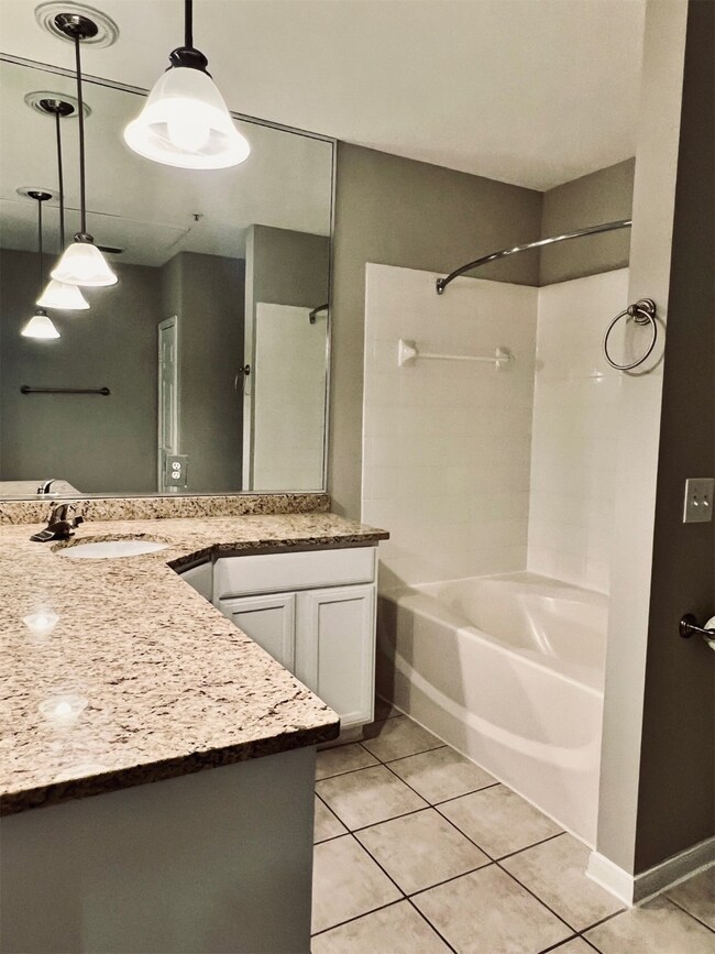 Bathroom has lots of counter space & oversized gar