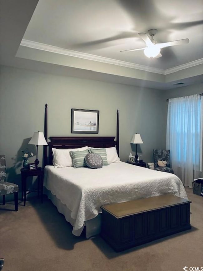 Bedroom with crown molding, a tray ceiling, and li
