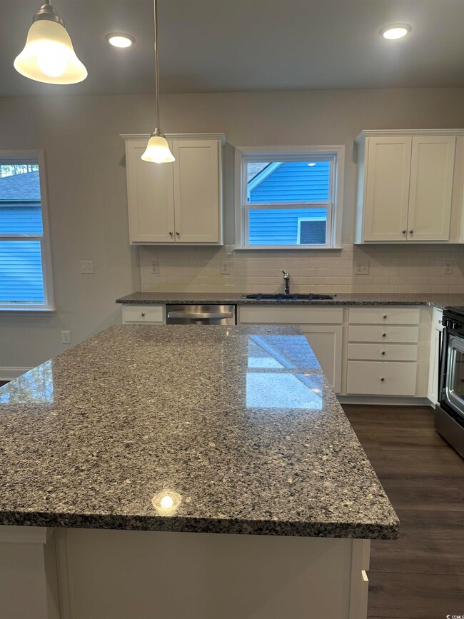 Kitchen with sink, hanging light fixtures, dark st