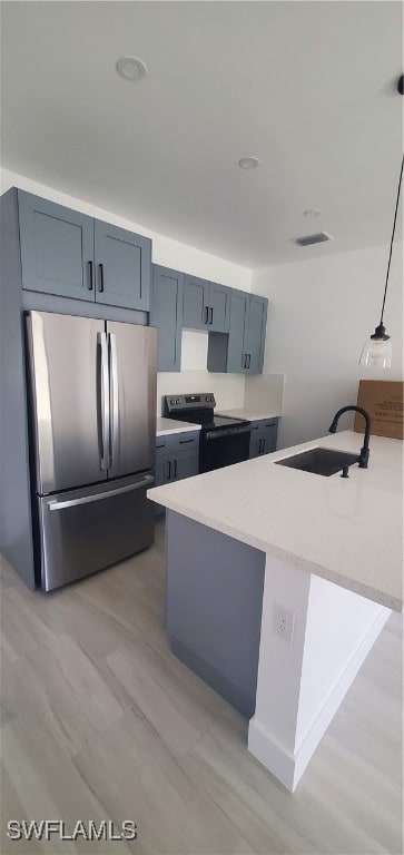 Kitchen featuring visible vents, light stone count