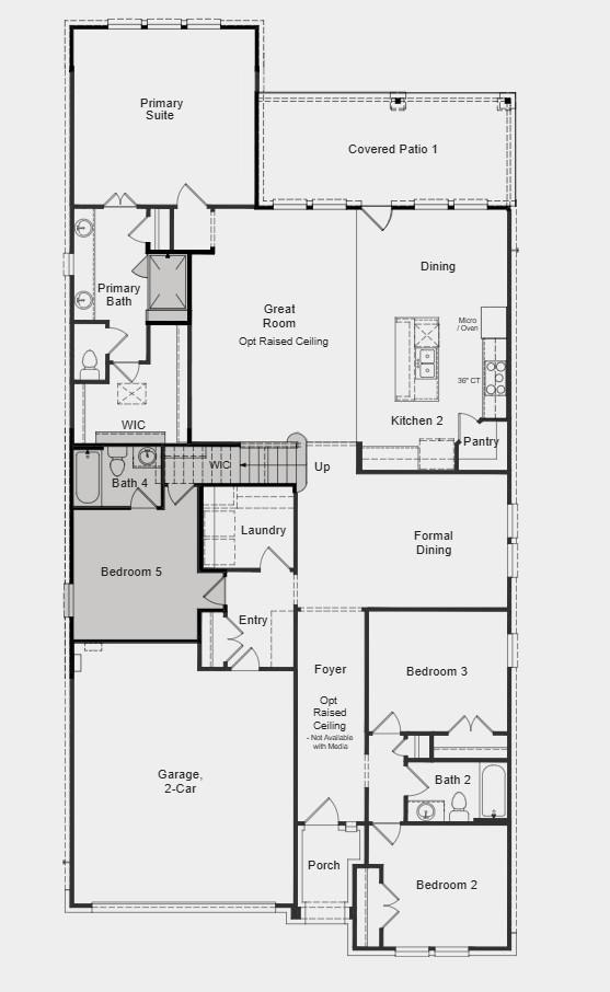 Additional Highlights Include: Bedroom 5 with bath 4 in place of tandem, shower 1 with mudset at owner's bath, covered outdoor living 1, gourmet kitchen 2, and raised ceiling at foyer and gathering room.