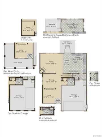 First Floor Layout - home has the opt Study, opt side load garage and opt Morning Room with Deck.
