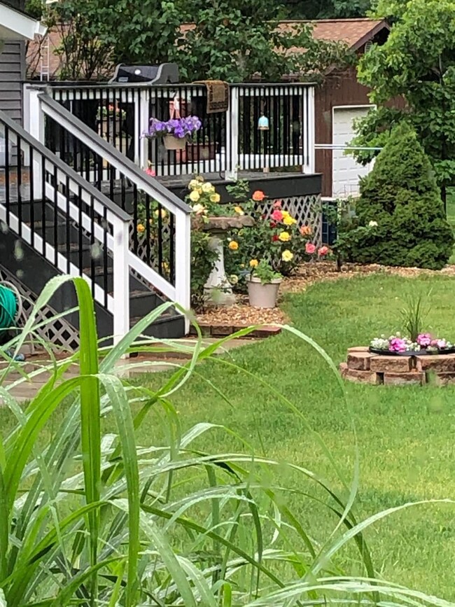 Flowers in bloom around the composite deck in back.