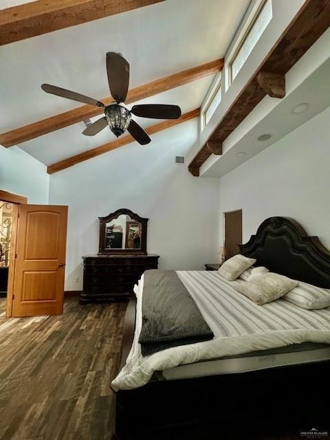 Bedroom featuring beam ceiling, high vaulted ceiling, ceiling fan, and dark hardwood / wood-style flooring