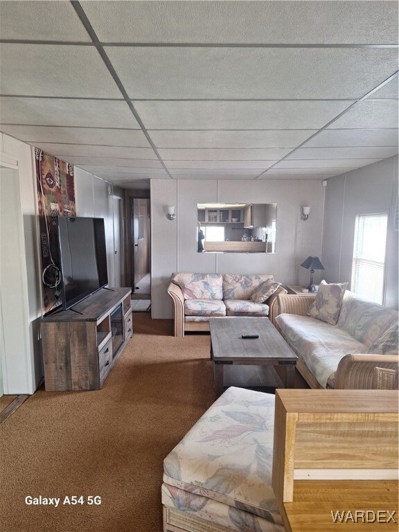 Living room with carpet floors and a paneled ceili