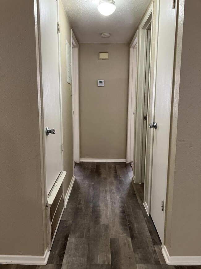 Corridor featuring dark wood finished floors, bas