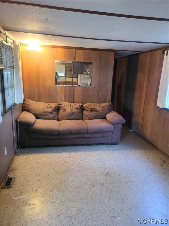 Living room with wooden walls