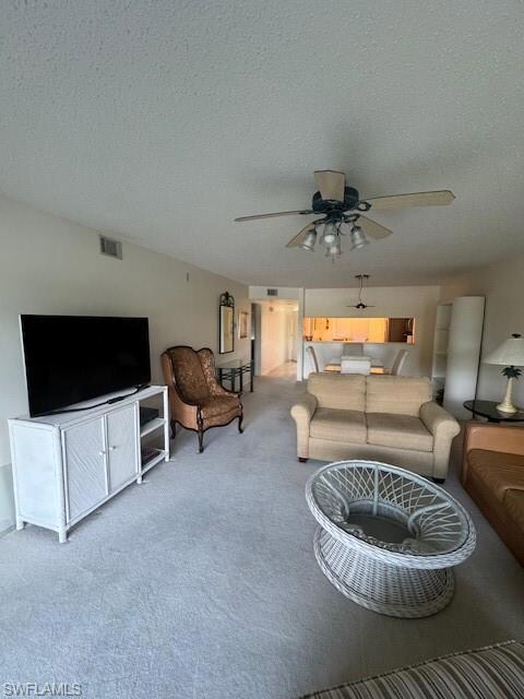 Carpeted living room with a textured ceiling and c