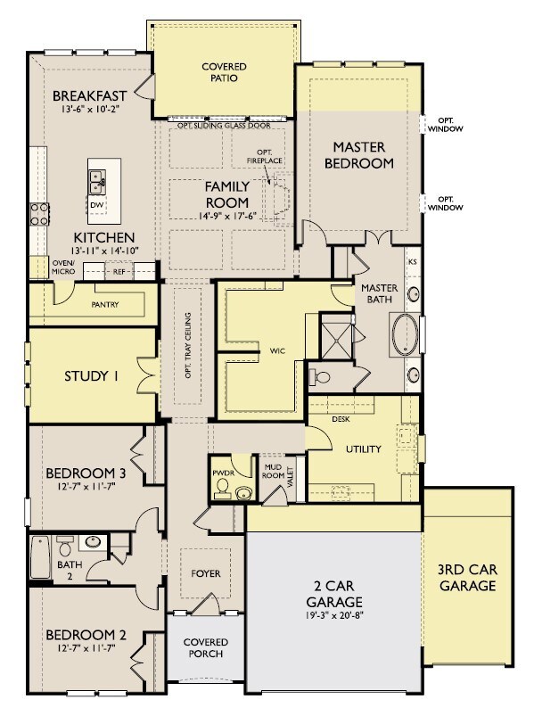 This 1-story floorplan includes over 2,500 sqft of living space, 3 bedrooms, 2 full baths, 1 half bath, and a home office.