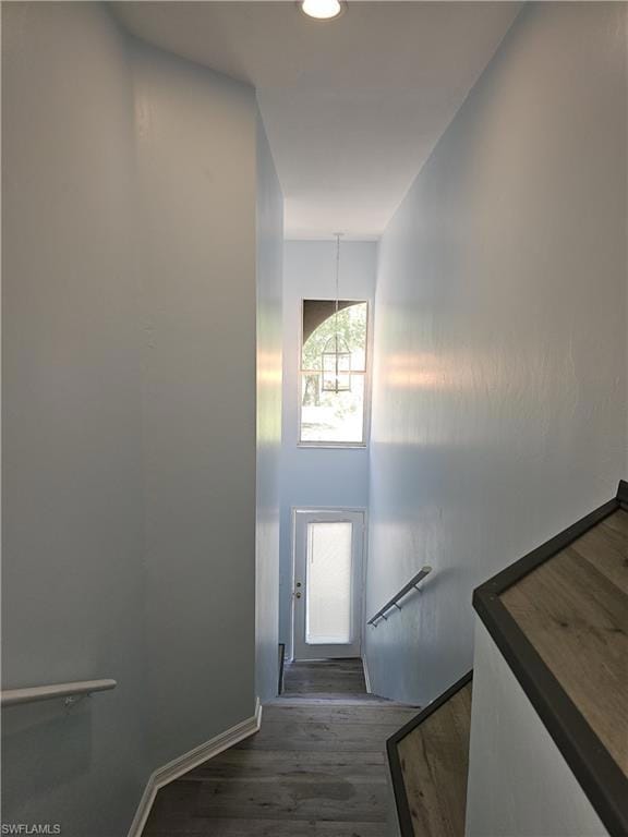 Stairway featuring wood finished floors