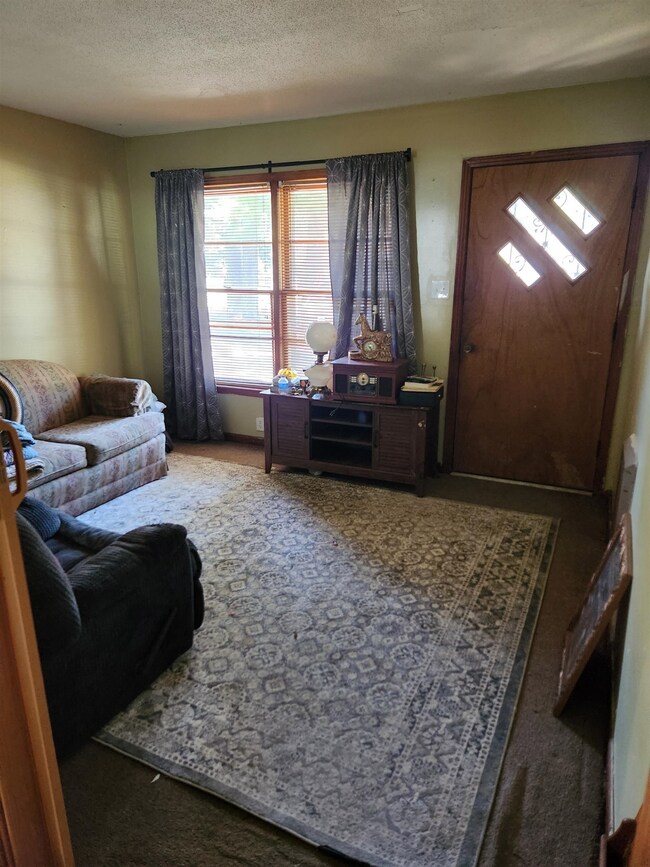 Carpeted living room with a textured ceiling