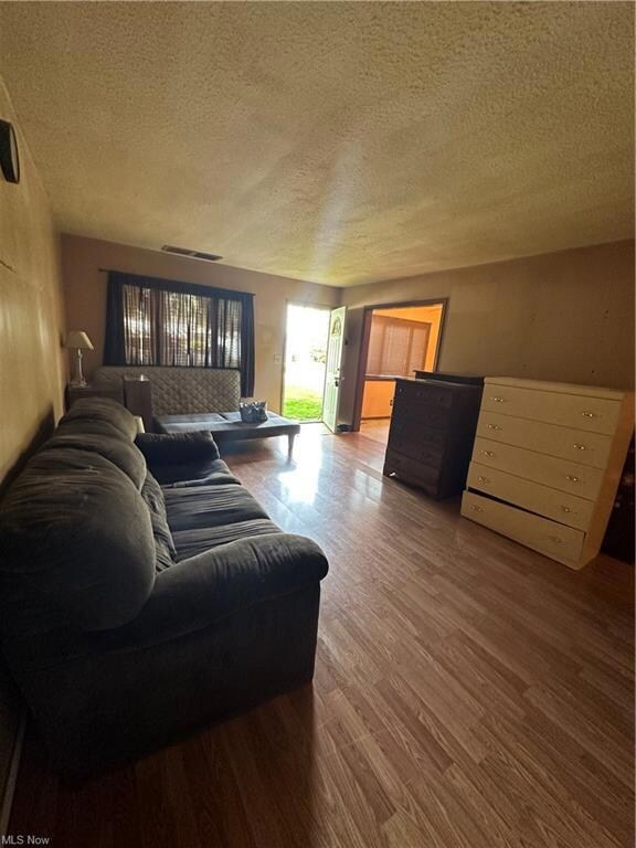 Living room featuring a textured ceiling and wood-