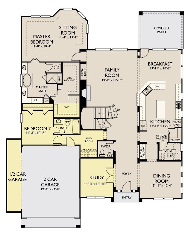 The 1st floor of the Tuscano floorplan includes formal dining, home office, open concept family room and kitchen, master suite and guest bedroom.