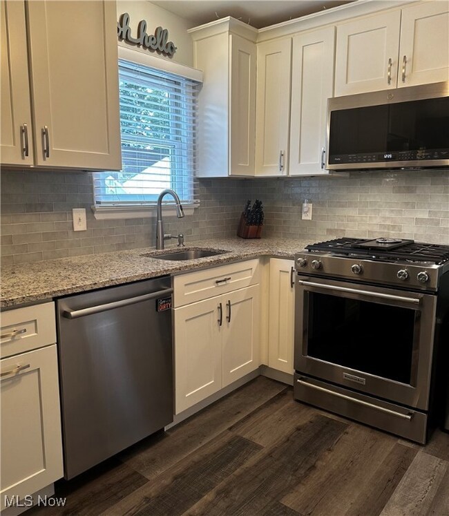 Kitchen featuring sink, dark hardwood / wood-style floors, appliances with stainless steel finishes, and light stone countertops
