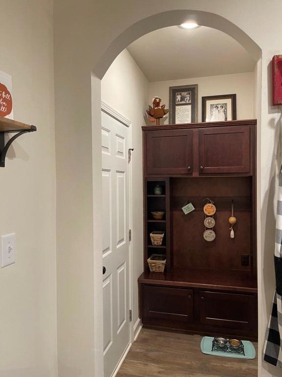 Mudroom with arched walkways and dark wood-style flooring