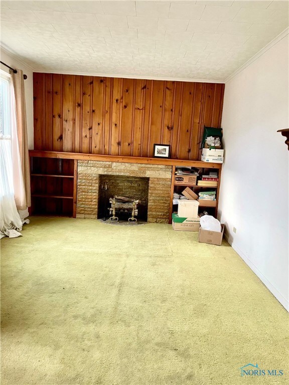 Living room with wood burning fireplace