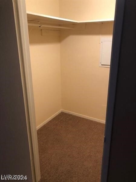Walk in closet with dark carpet