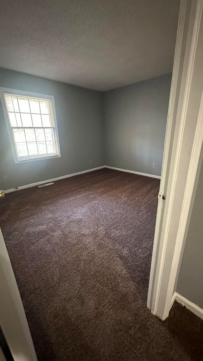 Spare room with a textured ceiling, dark colored c