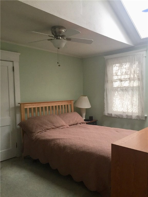 Master Bedroom with vaulted ceiling and skylight.