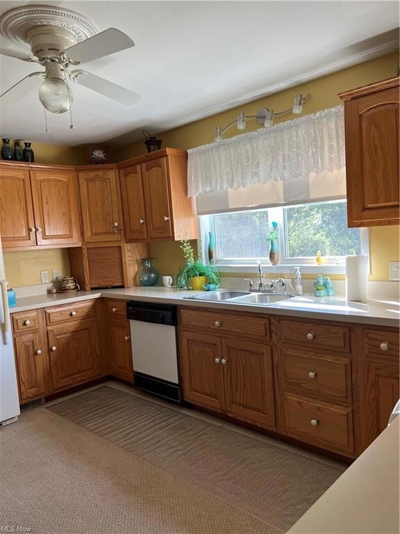 Kitchen with light carpet, dishwasher, brown cabin