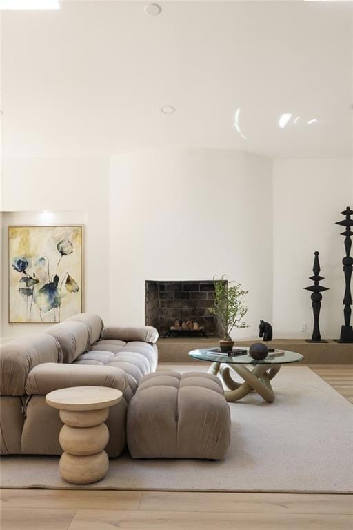 Living area with wood finished floors and a fireplace