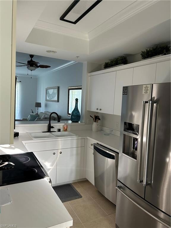 Kitchen white cabinets, new refrigerator 2023