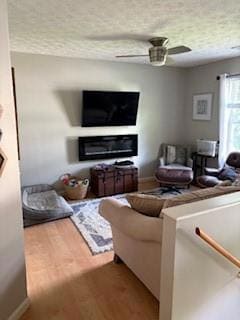 Living room with a textured ceiling, wood finished floors, a ceiling fan, and a glass covered fireplace