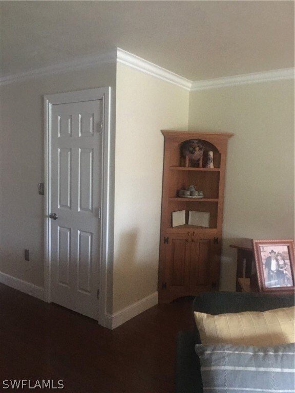 Closet features six panel door. Notice the custom crown molding and baseboards.